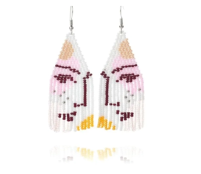 Boho Abstract Face Beaded Fringe Earrings